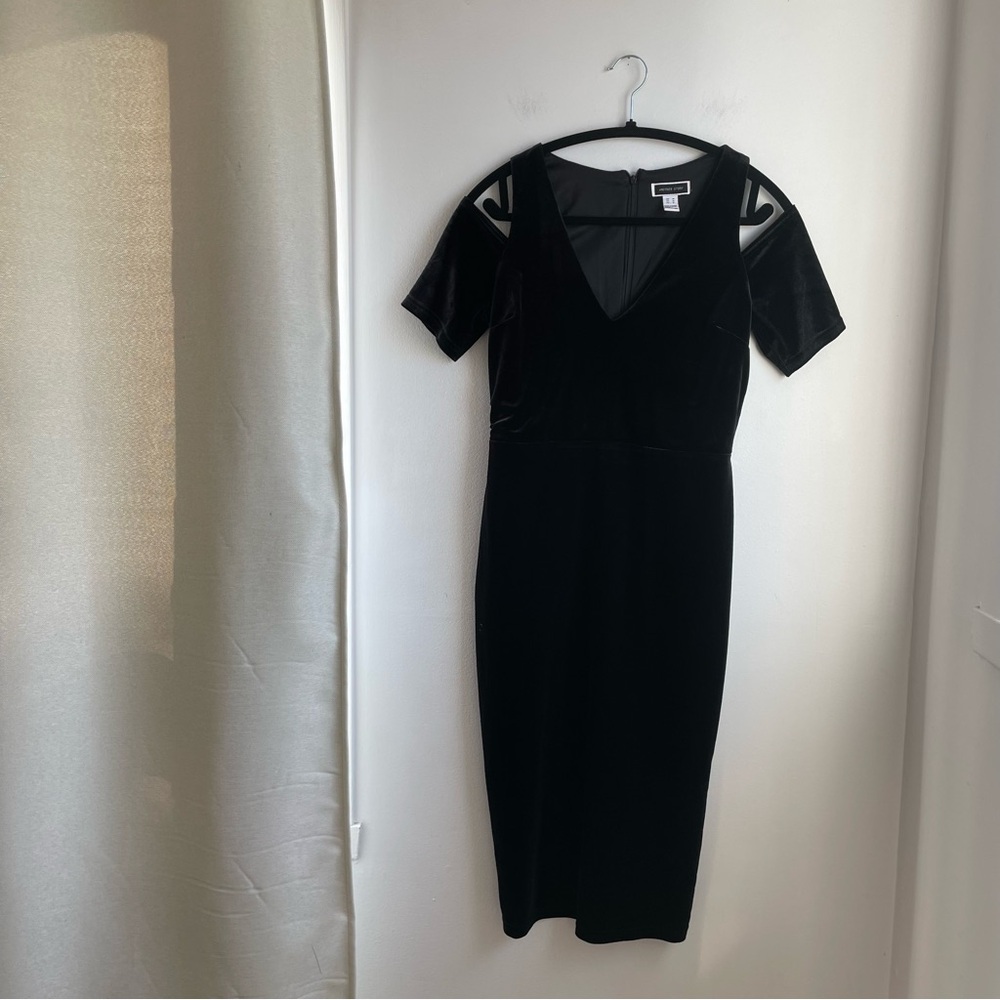 Black Midi Dress-Velour Cold Shoulder-Whimsigoth-size L
